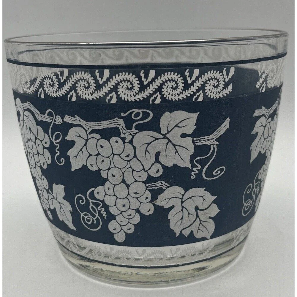 Vintage Hazel Atlas Glass Ice Bucket, Blue With White Grapevine Pattern